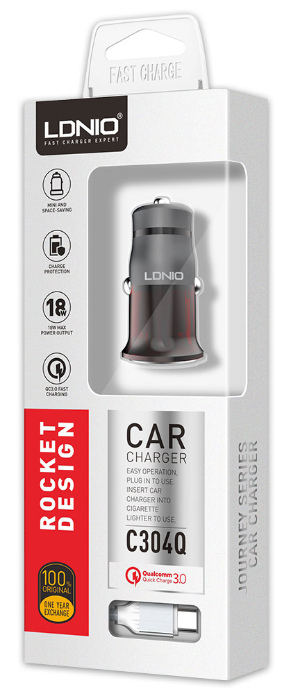 автомобильное зарядное устройство LDNIO C304Q 1USB QC3.0 + typeC cable grey/red
