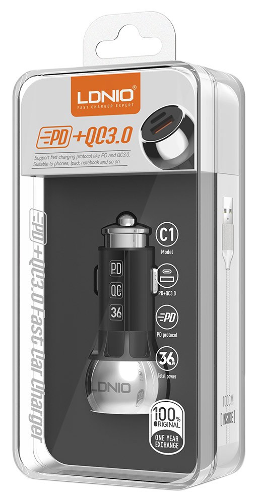 автомобильное зарядное устройство LDNIO АЗУ C1 PD+QC3.0 + Type-C to lightning cable black silver
