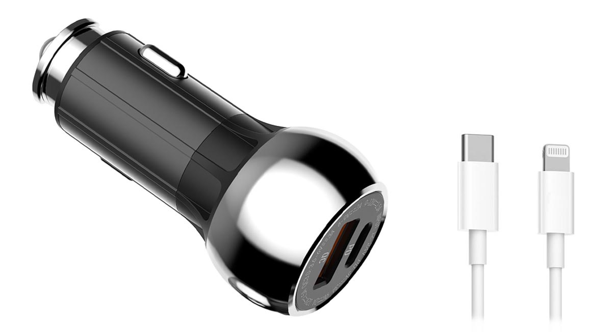автомобильное зарядное устройство LDNIO АЗУ C1 PD+QC3.0 + Type-C to lightning cable black silver
