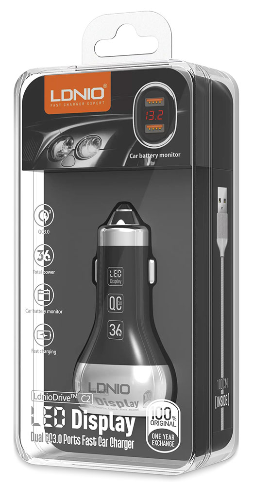 автомобильное зарядное устройство LDNIO АЗУ C2 2USB QC3.0  Fast Charger LED Display +Type C cable black