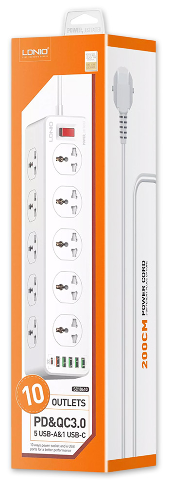 сетевой фильтр LDNIO SC10610 5USB*1TypeC*10 розеток 2м white