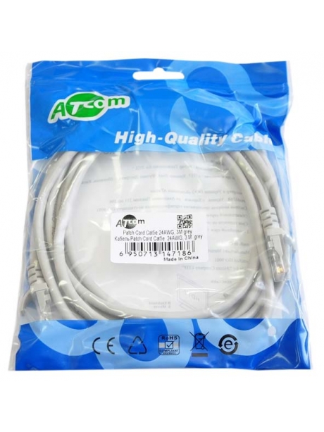 патч-корд ATcom UTP, 3 m, литой, RJ45, Cat.5e серый