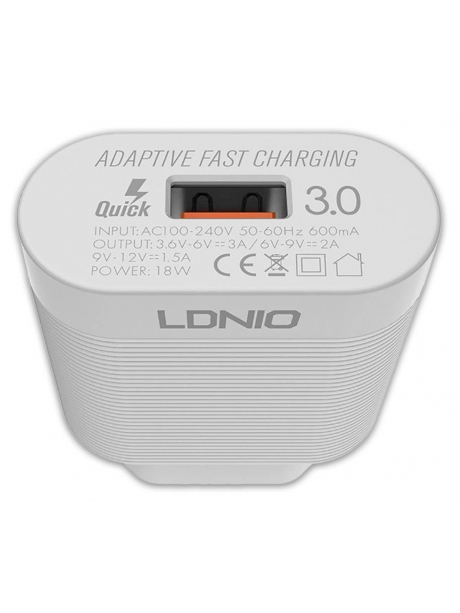 зарядное устройство LDNIO A303Q USB*3A Quick Charge 3.0 + кабель USB - Type-C white