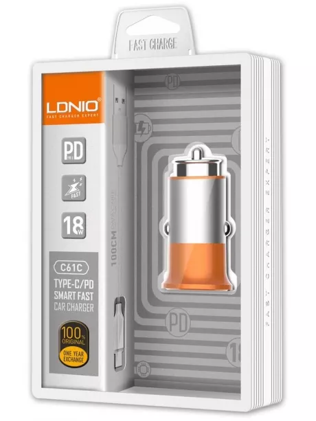 автомобильное зарядное устройство LDNIO АЗУ C61C PD + кабель TypeC - TypeC orange
