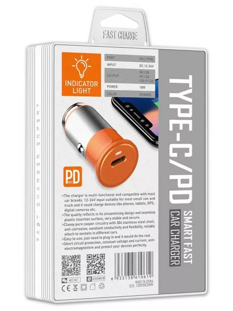 автомобильное зарядное устройство LDNIO АЗУ C61C PD + кабель TypeC - TypeC orange