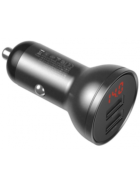 автомобильная зарядка в прикуриватель с дисплеем Baseus Digital Display Dual USB 4.8A Car Charger 24W grey