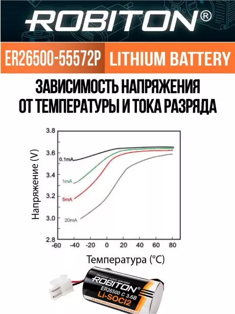 литиевая батарейка 3.6 V с коннектором 5557-2P Robiton ER 26500-55572P (C) 