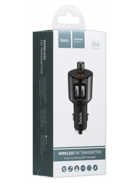 автомобильная зарядка с bluetooth FM трансмиттером Hoco E19 Smart vehicle mounted bluetooth FM launcher metal grey