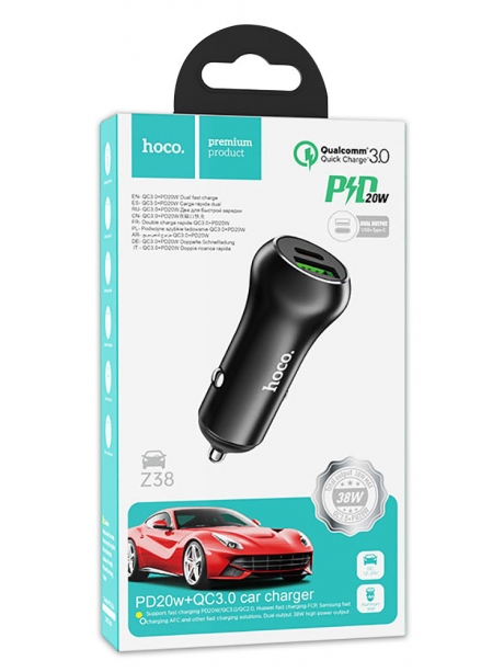 автомобильное зарядное устройство Hoco Z38 Resolute PD20W+QC3.0 car charger black