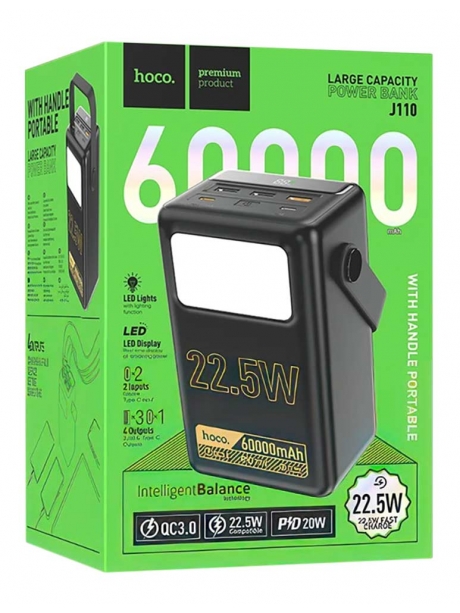 внешний аккумулятор со светильником Hoco J110 Powerful 22.5W compatible power bank(60000mAh) black