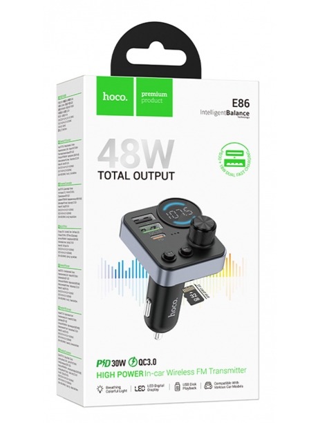 зарядка для телефона в машину с FM трансмиттером Hoco E86 Alegria 48W dual port PD30W+QC3.0 car BT FM transmitter black