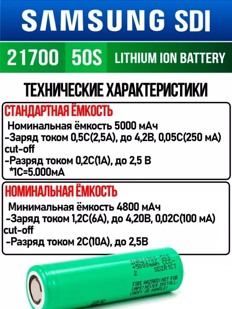 литиевый высокотоковый аккумулятор без защиты Samsung INR21700-50S 130шт. 